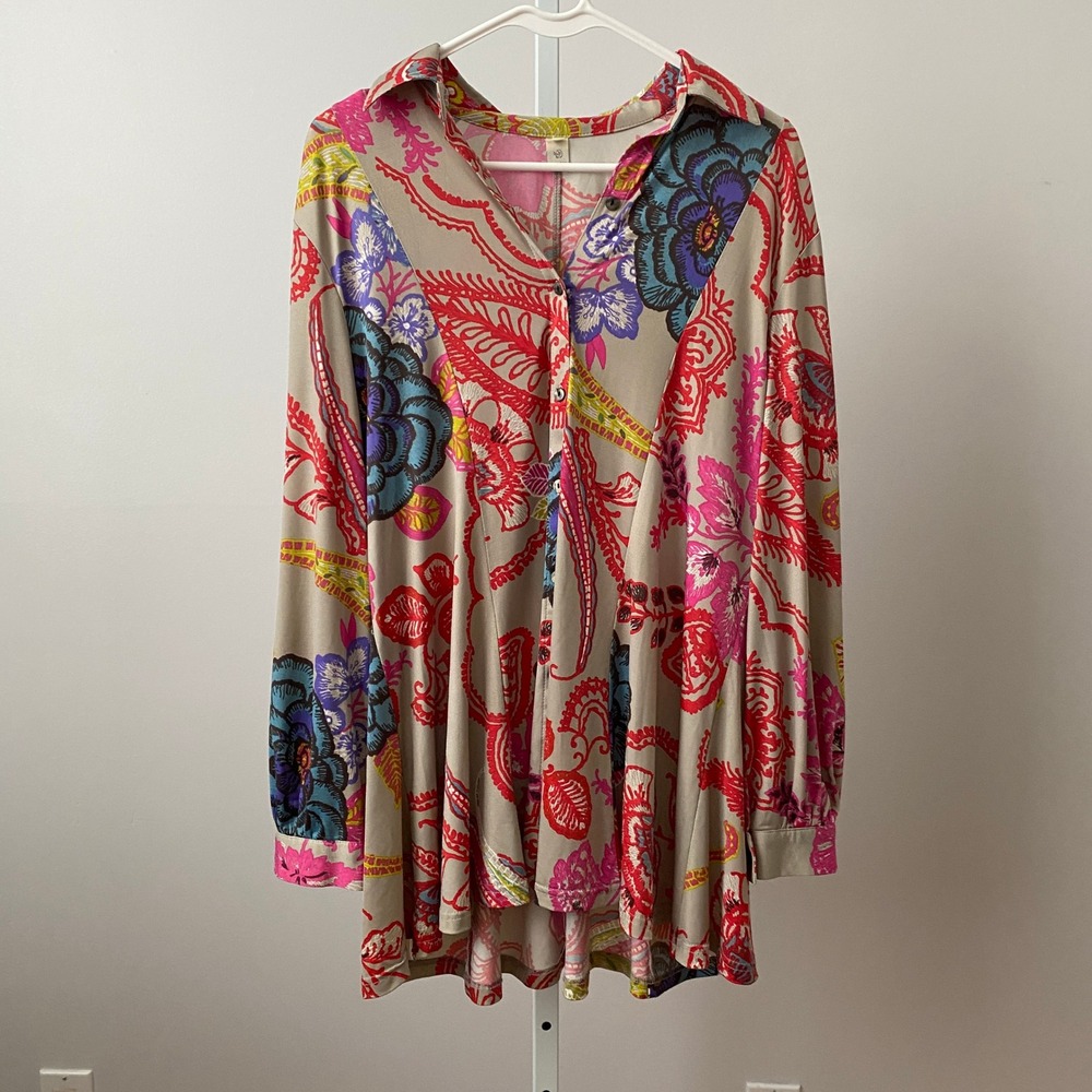 Dragonfly XL Korean babydoll‎ blouse Multicolor Paisley Floral Button Tunic Boho